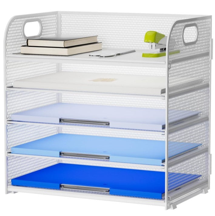 5 Tier Metal Mesh Desk Tray Organizer - White