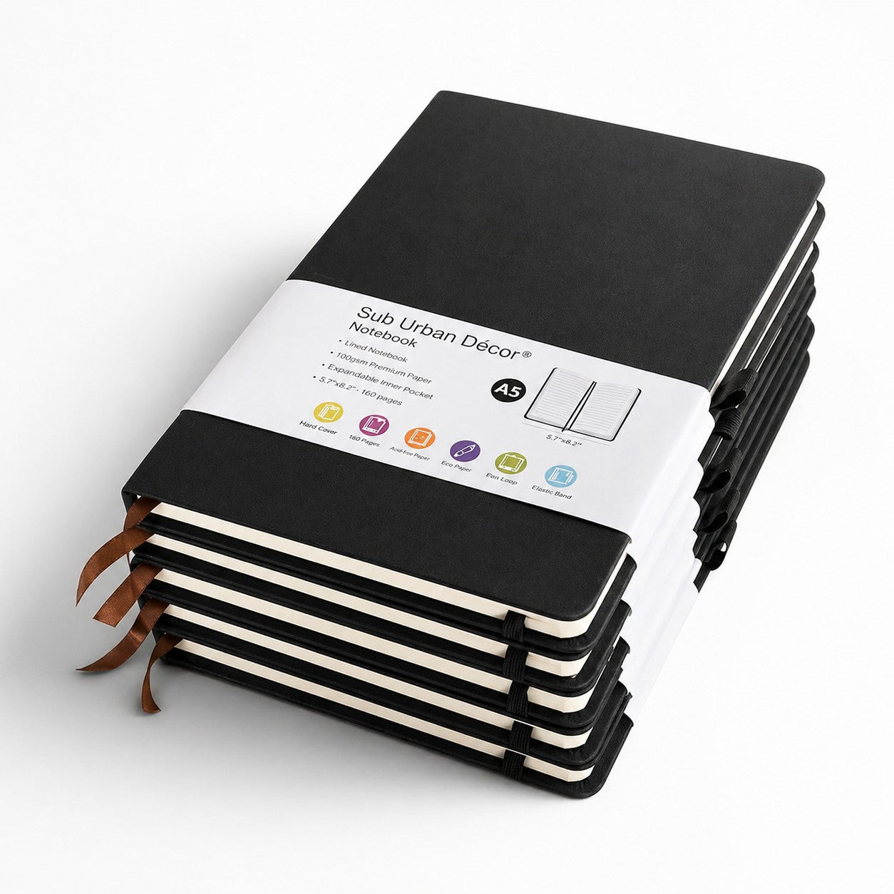 A5 Hardcover Notebooks with Ribbon Bookmarks, Black, Lined Pages, Pack of 5 - Sub Urban Decor