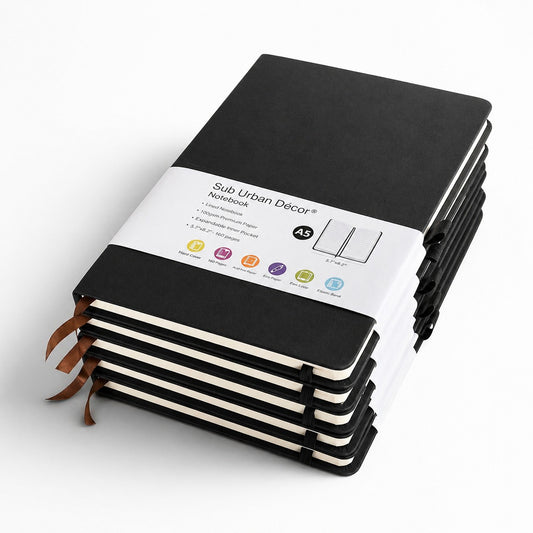 A5 Hardcover Notebooks with Ribbon Bookmarks, Black, Lined Pages, Pack of 5 - Sub Urban Decor