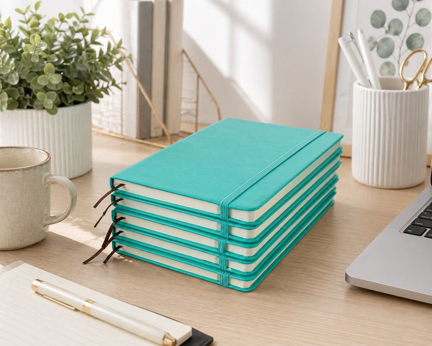 A5 Hardcover Notebooks with Ribbon Bookmarks, Jade Green, Lined Pages, Pack of 5 - Sub Urban Decor