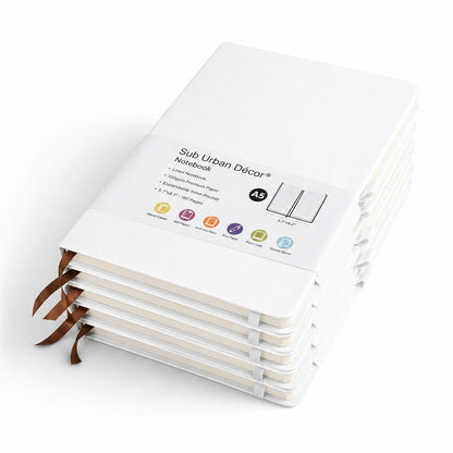 A5 Hardcover Notebooks with Ribbon Bookmarks, White, Lined Pages, Pack of 5 - Sub Urban Decor