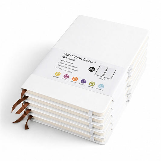A5 Hardcover Notebooks with Ribbon Bookmarks, White, Lined Pages, Pack of 5 - Sub Urban Decor