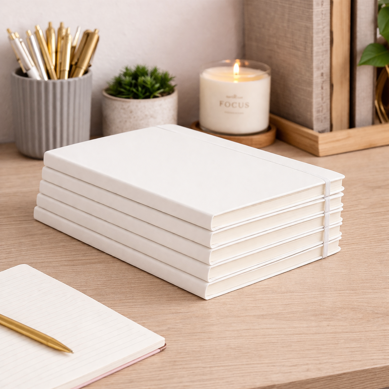 A5 Hardcover Notebooks with Ribbon Bookmarks, White, Lined Pages, Pack of 5 - Sub Urban Decor