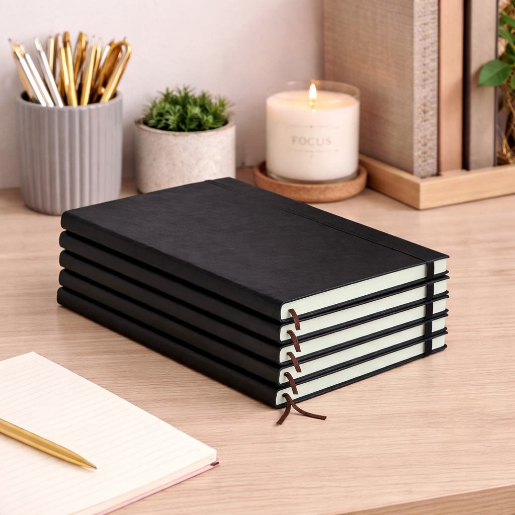A5 Hardcover Notebooks with Ribbon Bookmarks, Black, Lined Pages, Pack of 5 - Sub Urban Decor