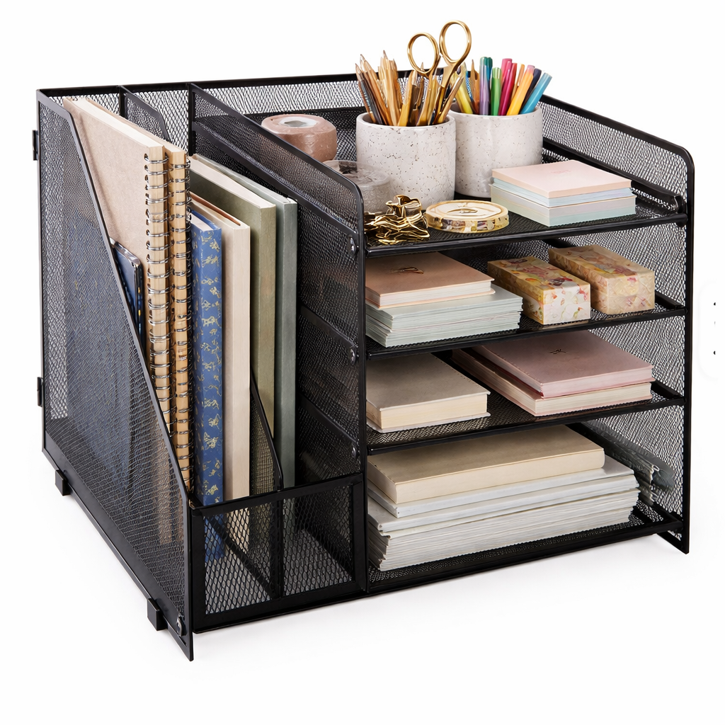Mesh Desktop Organizer with 5-Tier Letter Tray, File and Magazine Holder, Black Metal Storage Caddy for Office Supplies, Home, School - Sub Urban Decor