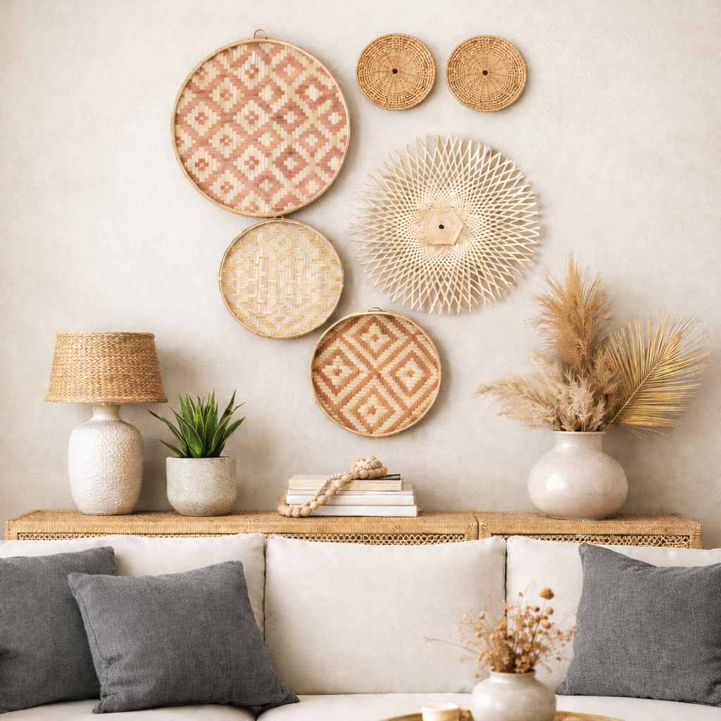 6 Piece Natural Seagrass/Bamboo Wall Basket Set - Sub Urban Decor