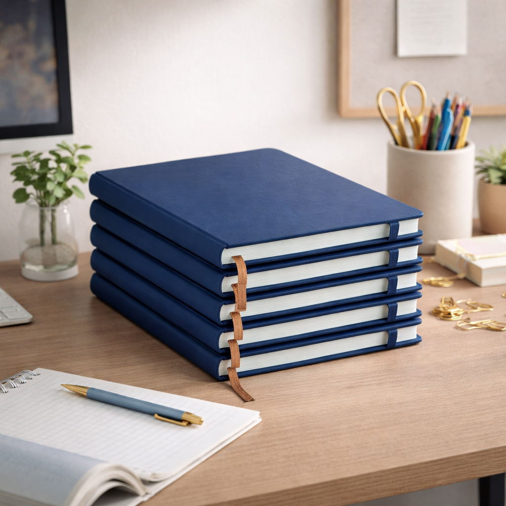 A5 Hardcover Notebooks with Ribbon Bookmarks, Blue, Lined Pages, Pack of 5 - Sub Urban Decor