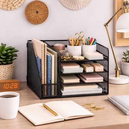 Mesh Desktop Organizer with 5-Tier Letter Tray, File and Magazine Holder, Black Metal Storage Caddy for Office Supplies, Home, School - Sub Urban Decor