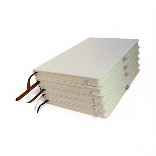 A5 Hardcover Notebooks with Ribbon Bookmarks, White, Lined Pages, Pack of 5
