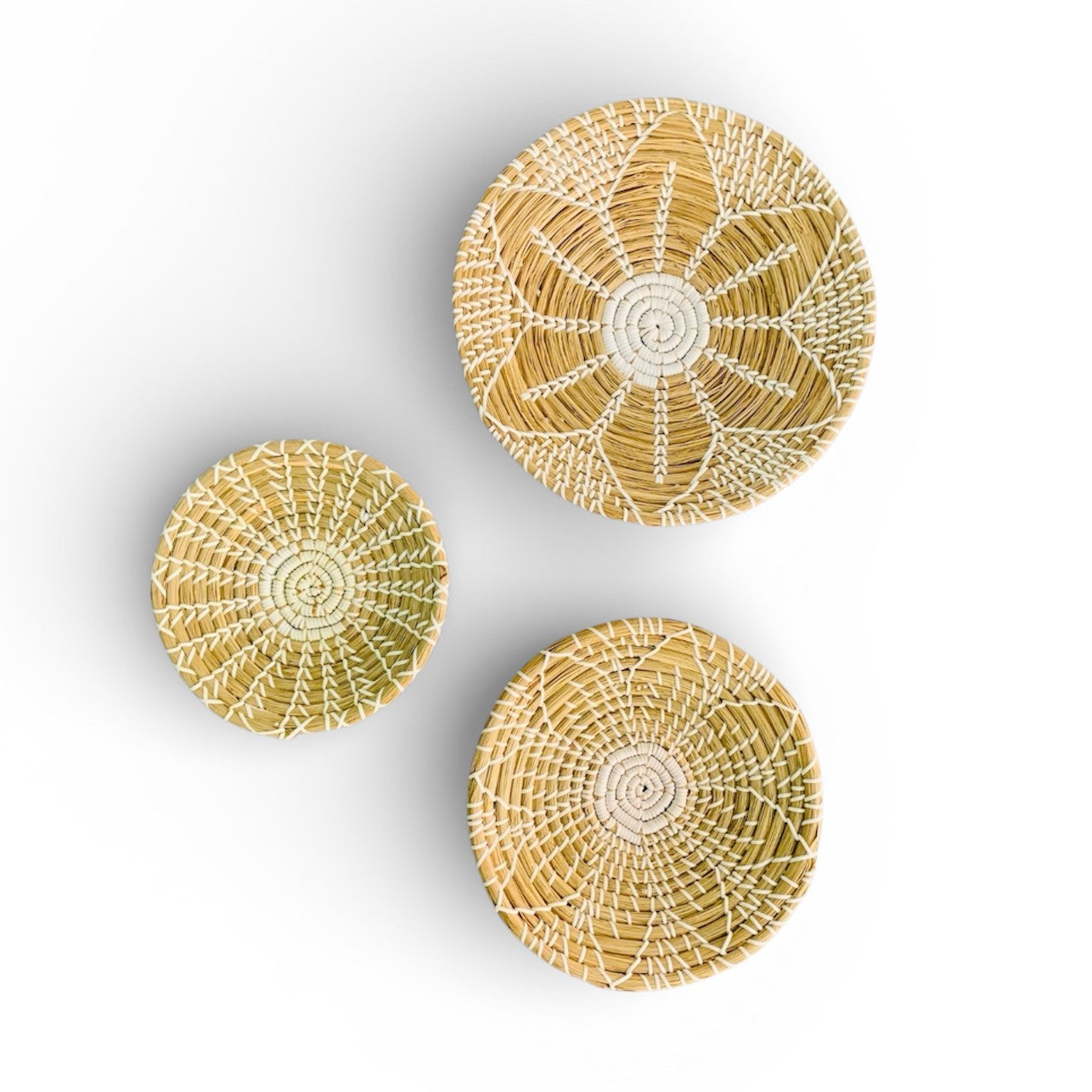 Handwoven Seagrass Baskets, Natural and White, Round Decorative Wall Decor, Set of 3 - Sub Urban Decor