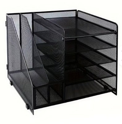 Mesh Desktop Organizer with 5-Tier Letter Tray, File and Magazine Holder, Black Metal Storage Caddy for Office Supplies, Home, School