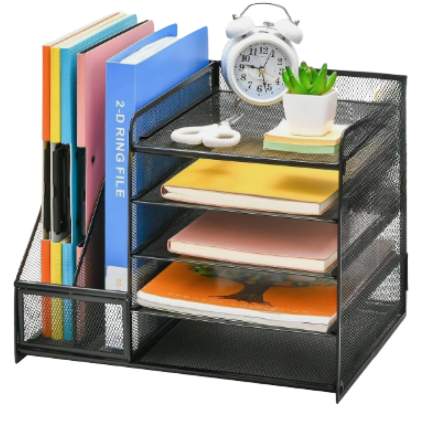 Mesh Desktop Organizer with 5-Tier Letter Tray, File and Magazine Holder, Black Metal Storage Caddy for Office Supplies, Home, School