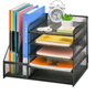 Mesh Desktop Organizer with 5-Tier Letter Tray, File and Magazine Holder, Black Metal Storage Caddy for Office Supplies, Home, School