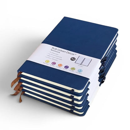 A5 Hardcover Notebooks with Ribbon Bookmarks, Blue, Lined Pages, Pack of 5 - Sub Urban Decor